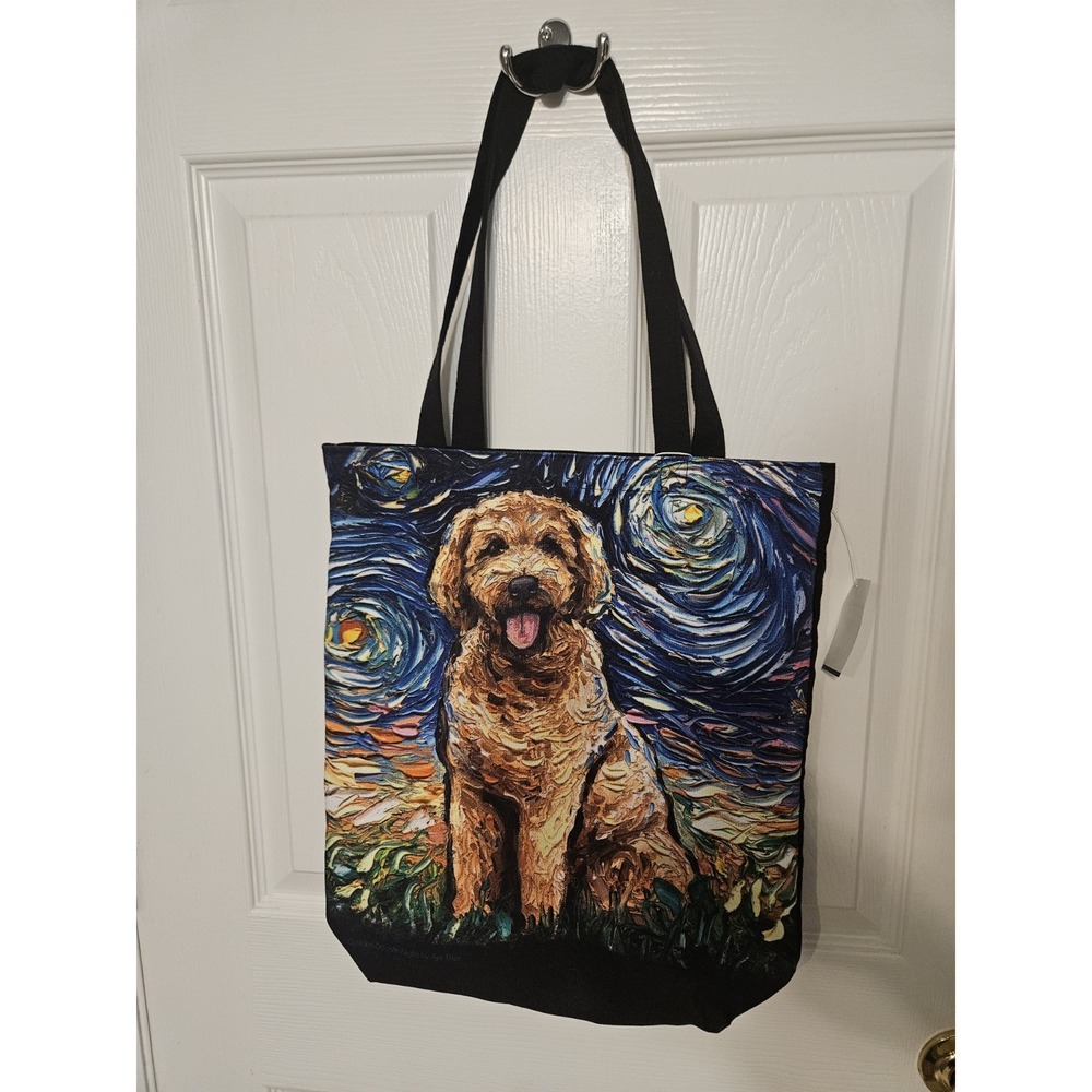 Lumagallerie Goldendoodle Tote Bag Aja Trier Starry Night Art Canvas Handbag